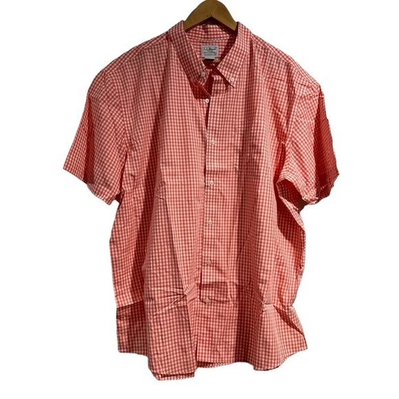 LL Bean shirt short sleeve pocket button‎ down gingham orange white xxl - Picture 1 of 4